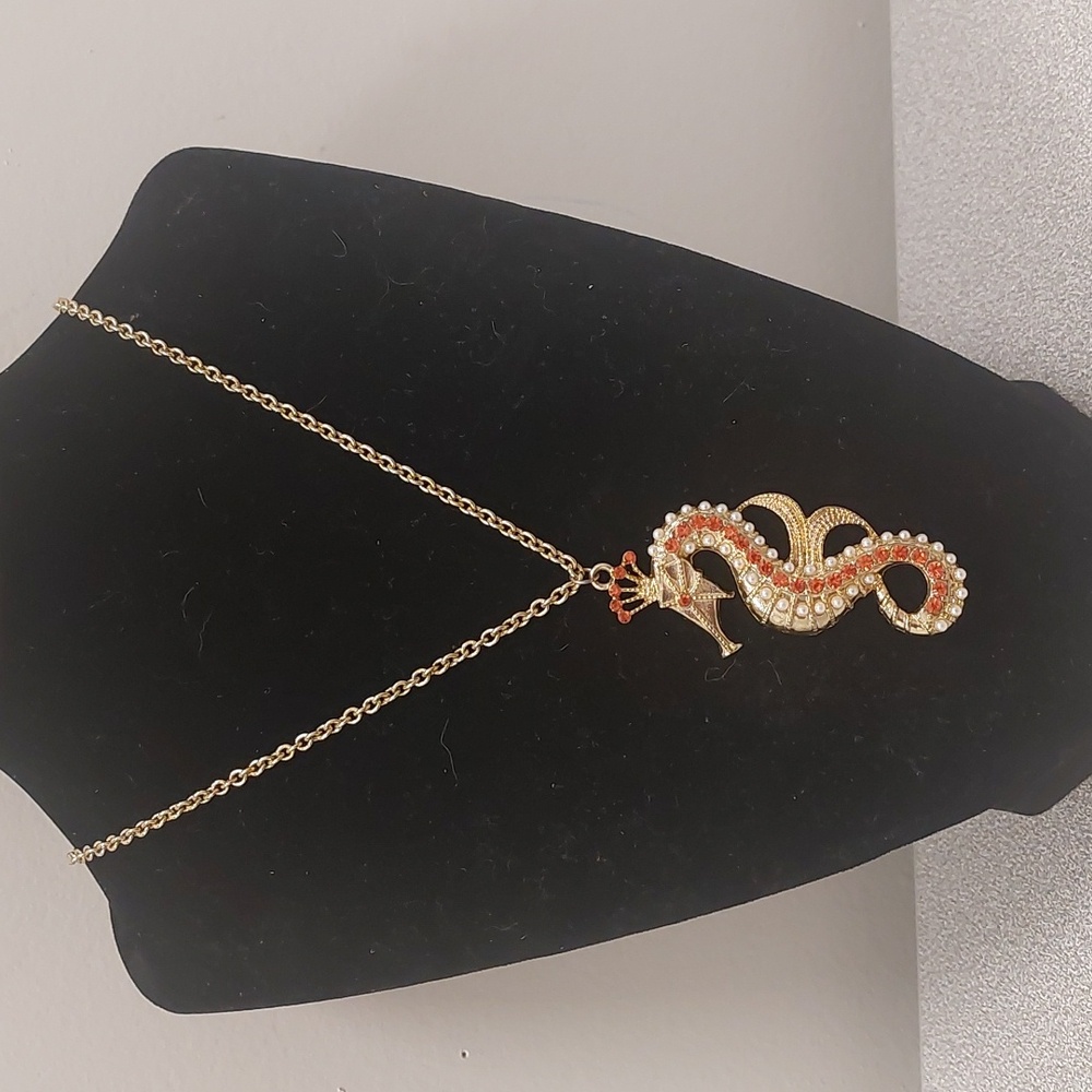 Gold Tone Seahorse Simulated Pearl Red Rhinestone Pendant Long Necklace